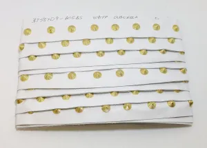 1 YD of 1-1/2" wide Genuine Cowhide Leather Trim Tape with Gold Brass Spiral Nailheads edge binding; top stitch; White Duquessa 3758XD9