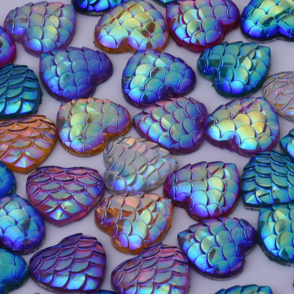 12mm Heart Resin Mermaid Cabochons AB Iridescent Mermaids Cabochon,Resin Decoden Cabochon Mixed colors