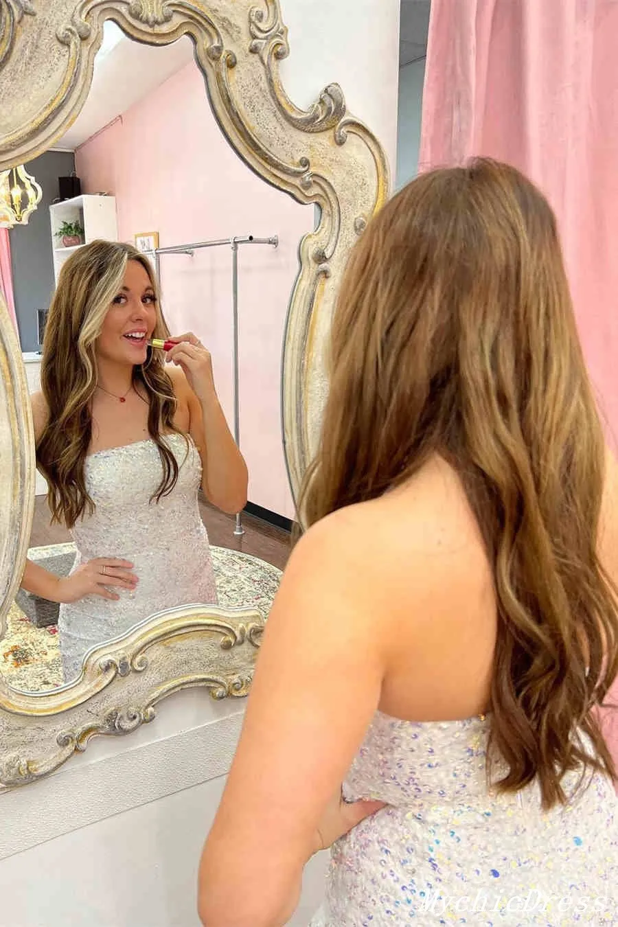 2025 White Sequin Iridescent Prom Dresses Long Mermaid Sleeveless Dress with Spit