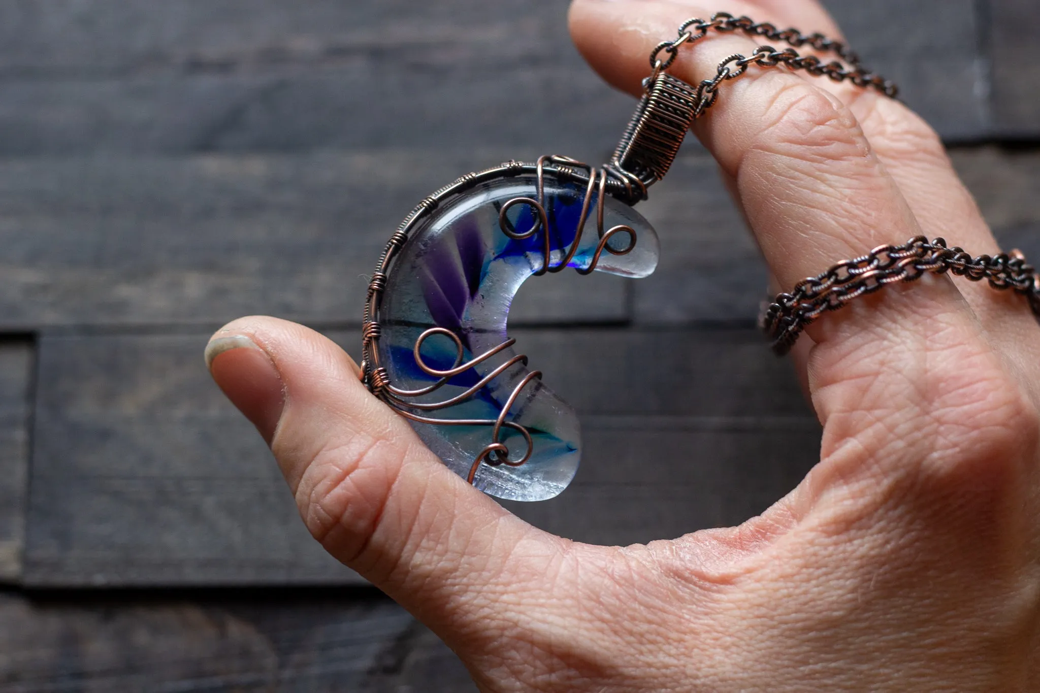 Blue and Purple Fused Glass Moon Pendant with Copper Wire Wrapping