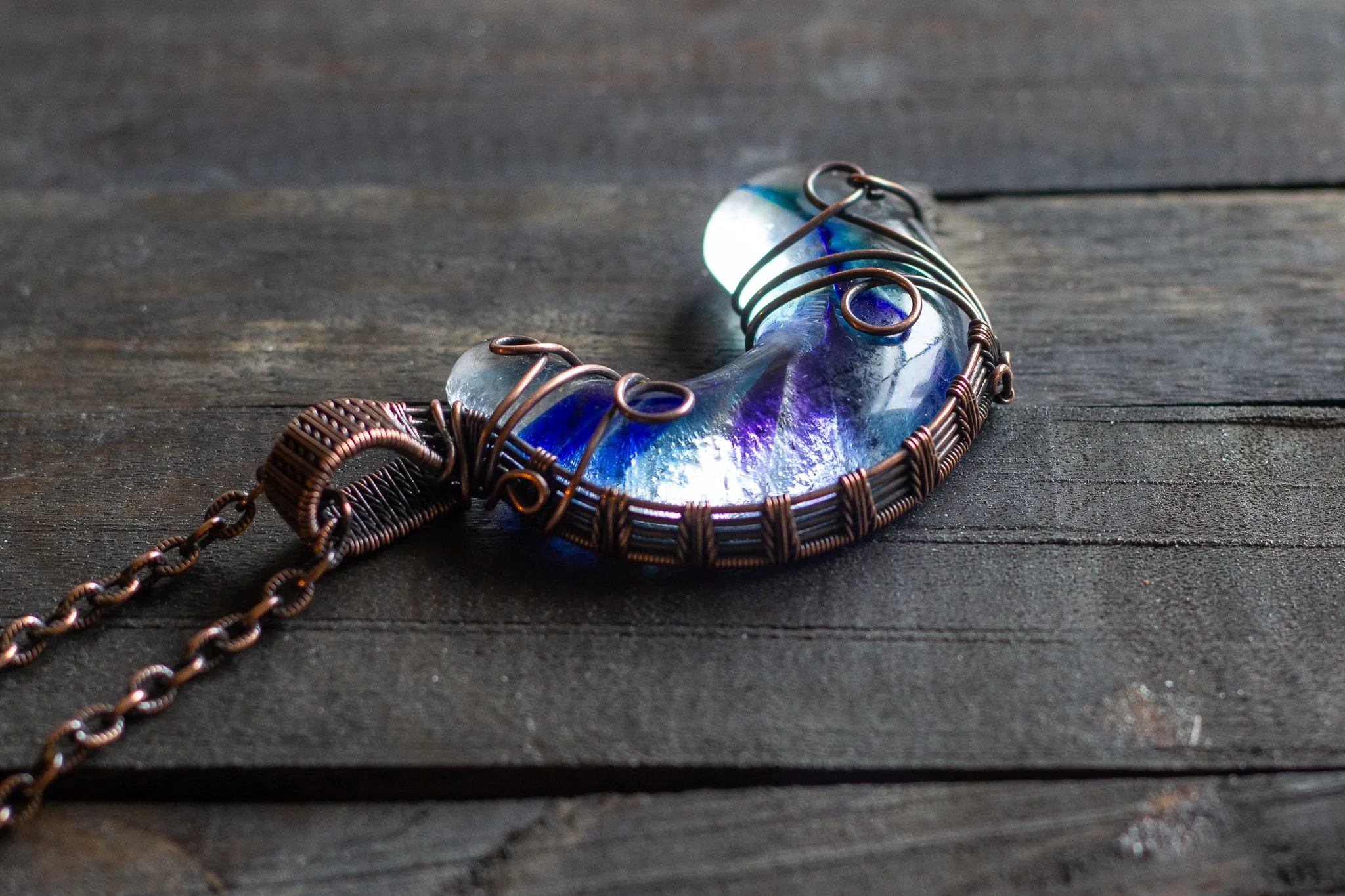 Blue and Purple Fused Glass Moon Pendant with Copper Wire Wrapping