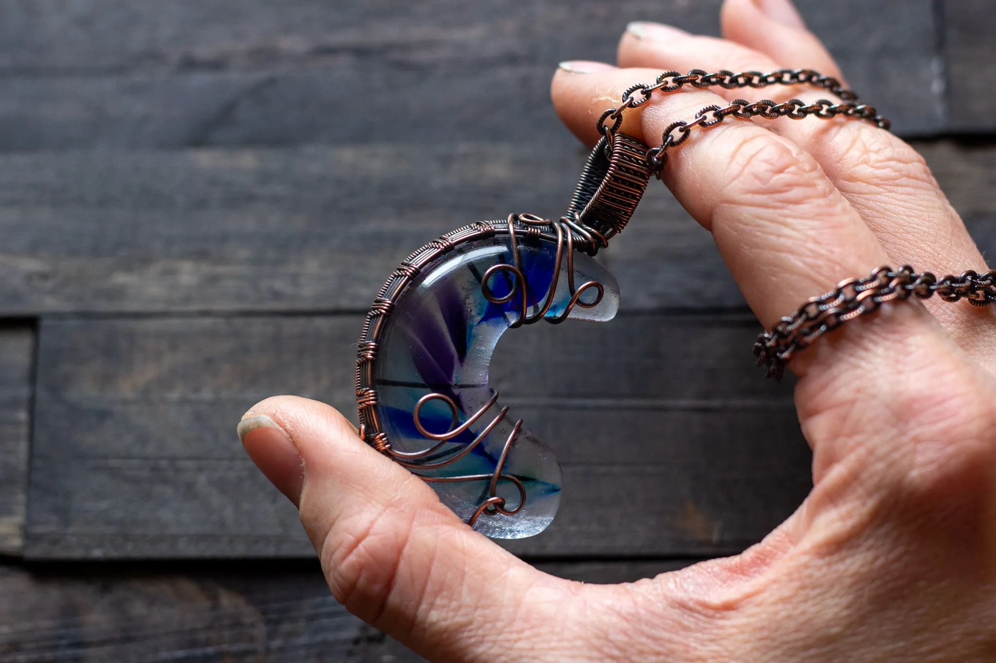 Blue and Purple Fused Glass Moon Pendant with Copper Wire Wrapping