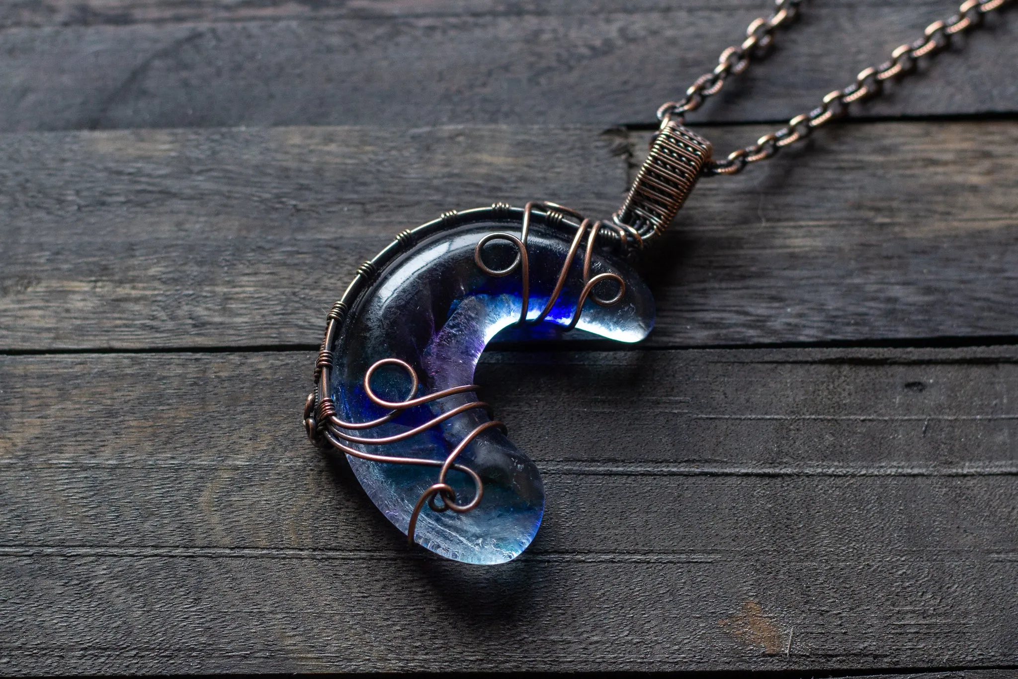 Blue and Purple Fused Glass Moon Pendant with Copper Wire Wrapping