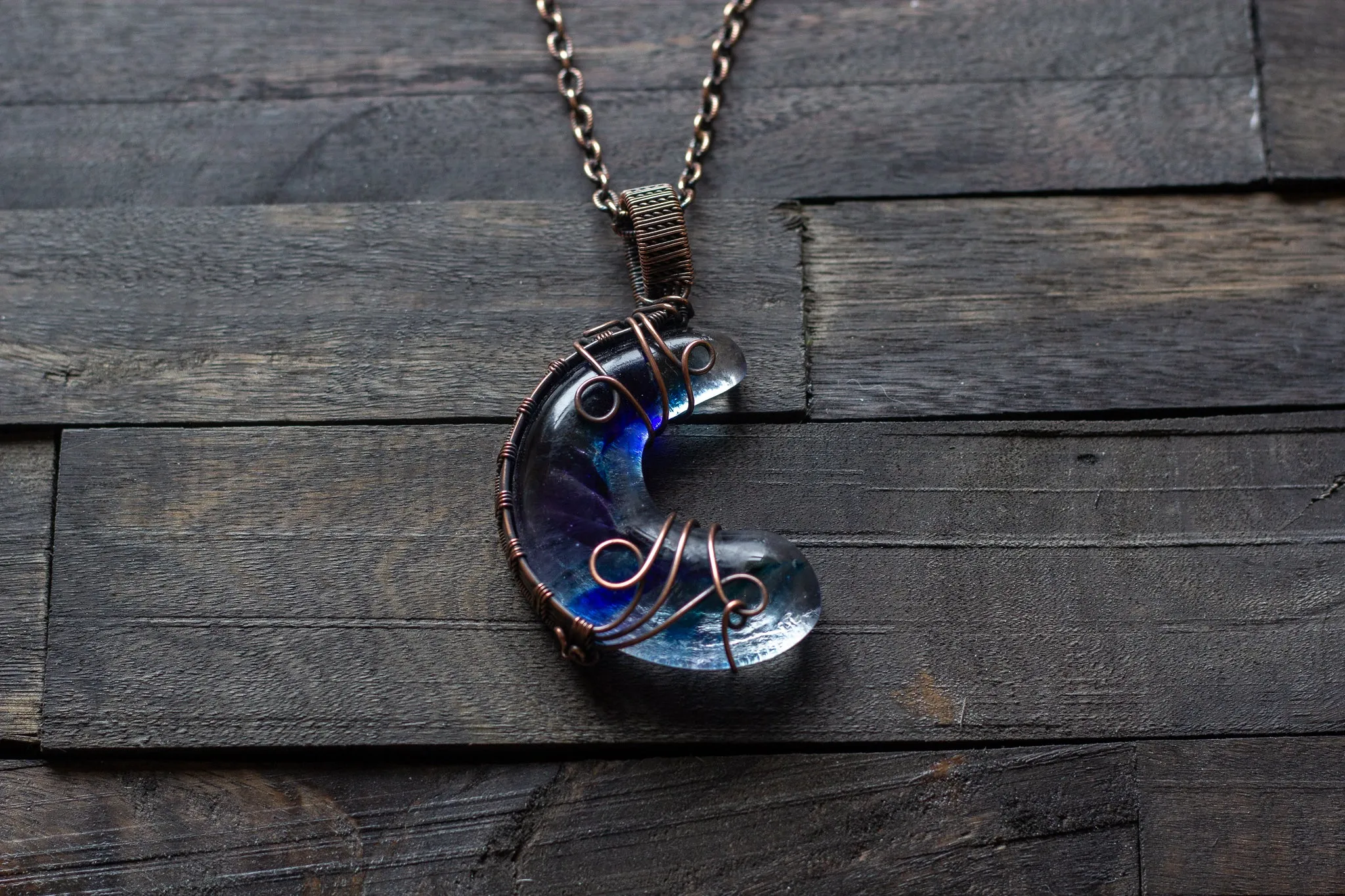 Blue and Purple Fused Glass Moon Pendant with Copper Wire Wrapping