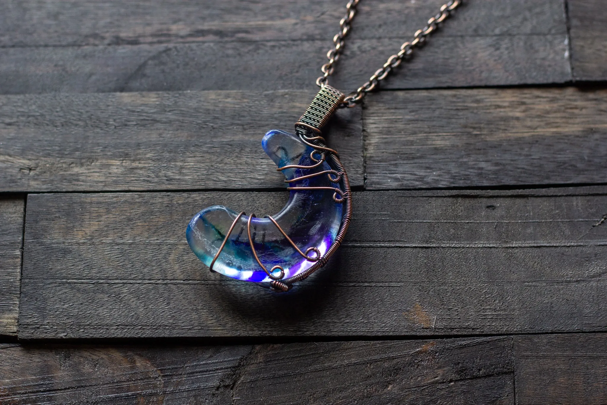 Blue and Purple Fused Glass Moon Pendant with Copper Wire Wrapping