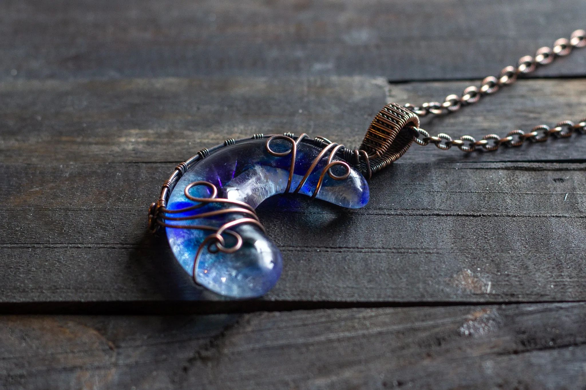 Blue and Purple Fused Glass Moon Pendant with Copper Wire Wrapping