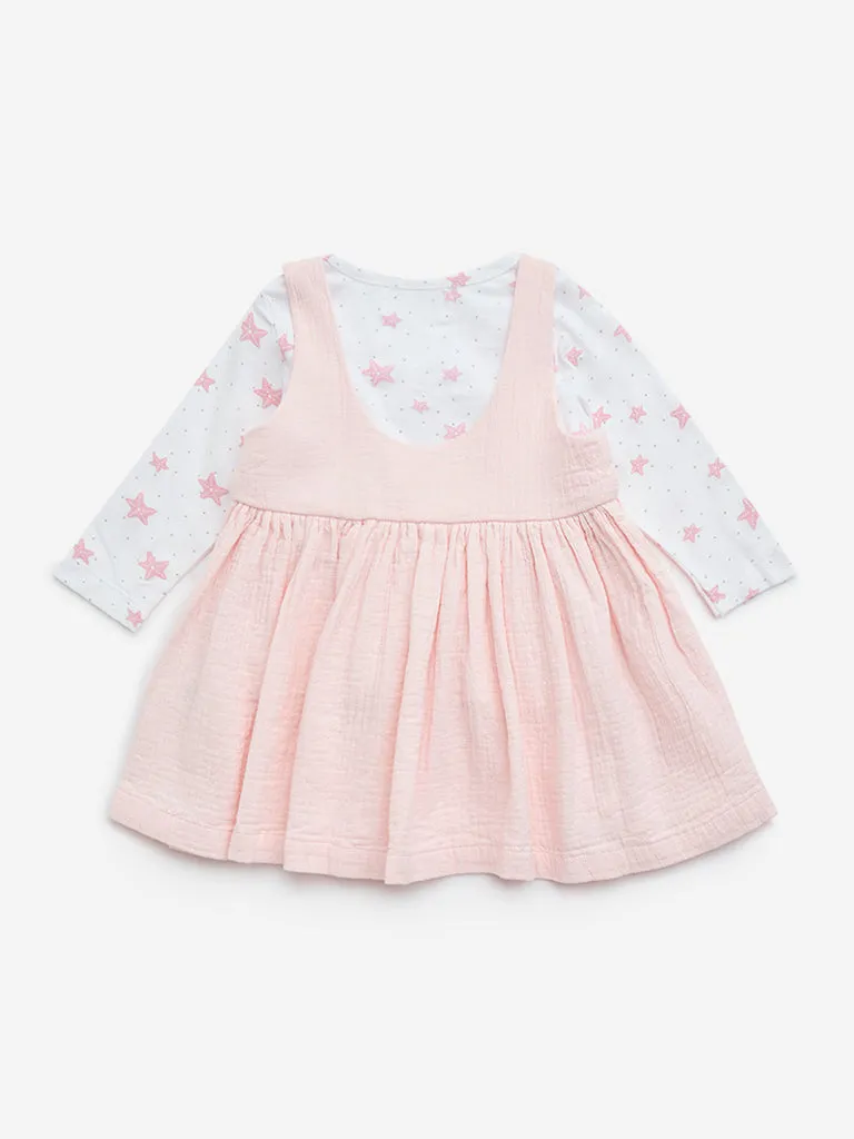 HOP Baby Light Pink Embroidered Cotton Pinafore with Top Set