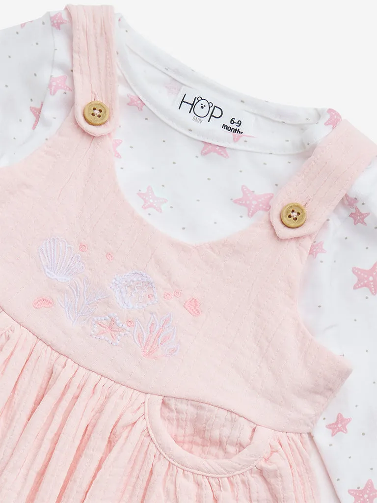 HOP Baby Light Pink Embroidered Cotton Pinafore with Top Set