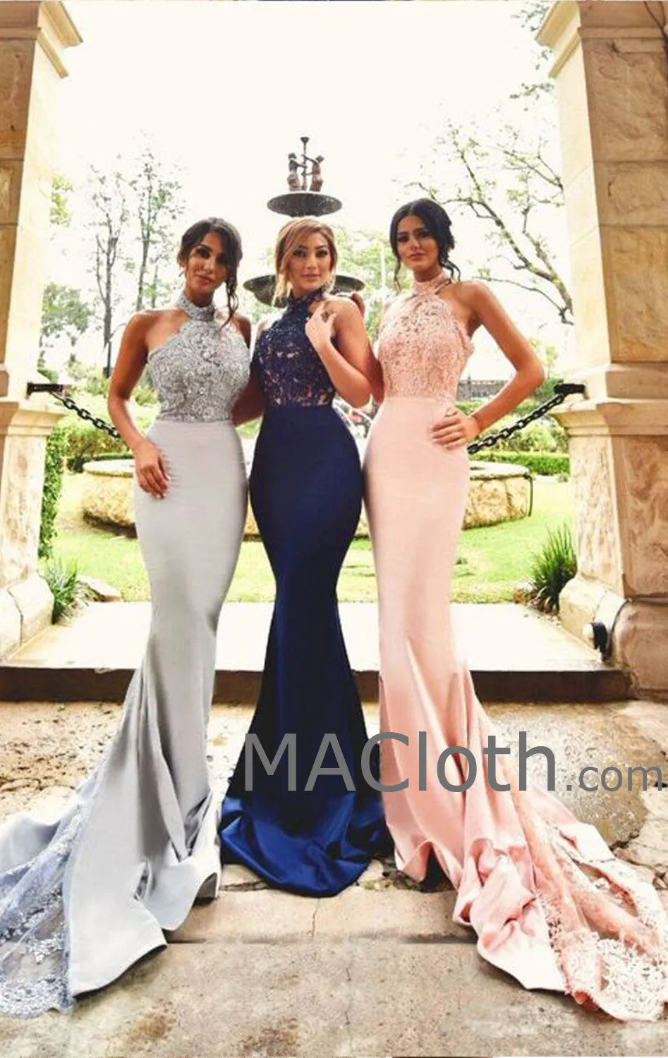MACloth Mermaid Halter Jersey Lace Royal Blue/Pink/Silver Evening Prom Gown Wedding Party Dress