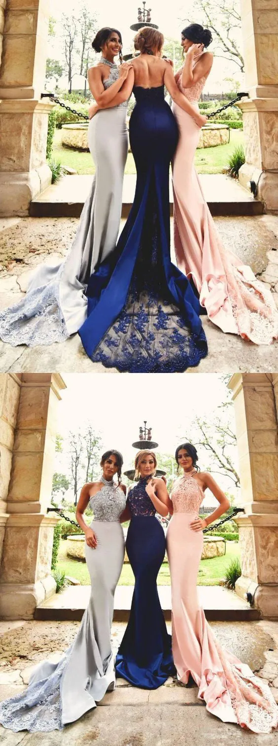 MACloth Mermaid Halter Jersey Lace Royal Blue/Pink/Silver Evening Prom Gown Wedding Party Dress