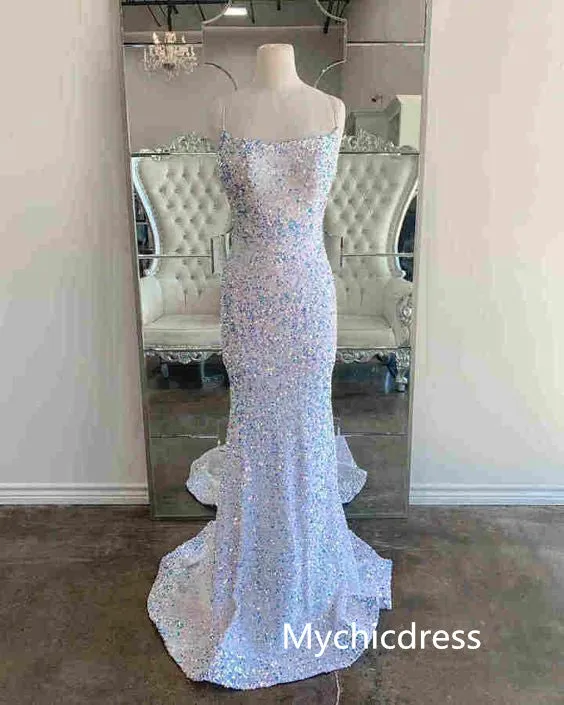Sexy Long Sequin Iridescent Prom Dresses White Mermaid Evening Gowns 2024