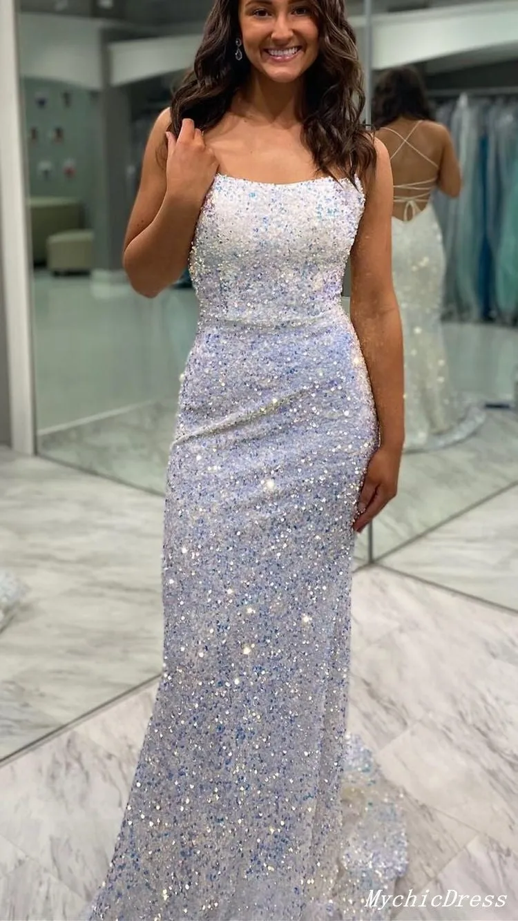 Sexy Long Sequin Iridescent Prom Dresses White Mermaid Evening Gowns 2024